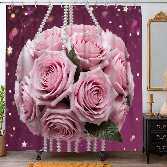 Roses Shower Curtain, Romantic Elegant Pearls Stars Spring Peach Waterproof Fabric Design Print Bath Curtains for Bathroom Toile Guest Room Decor 72x72 Inch