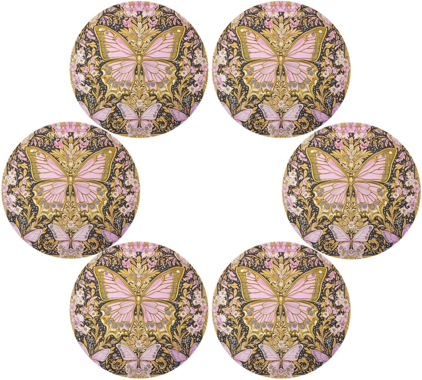 Retro Butterflies Pattern Gold and Peach Round placements Reusable placemats Washable placemats for Dining Table Table Settings for Dining Table Decor placemats Heat Resistant Waterproof Round