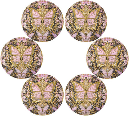 Retro Butterflies Pattern Gold and Peach Round placements Reusable placemats Washable placemats for Dining Table Table Settings for Dining Table Decor placemats Heat Resistant Waterproof Round