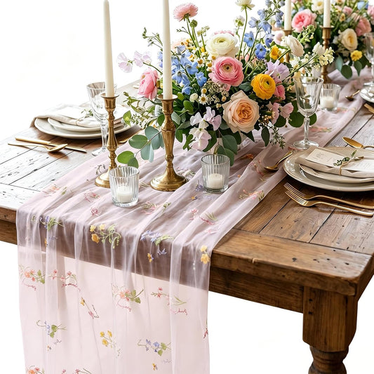 10Ft Generic Wildflower Embroidery Table Runner Butterfly Decor Bohemian Table Runner for Dining Room Coffee Table Wedding Party Home Decor (Light Pink-1Pc)
