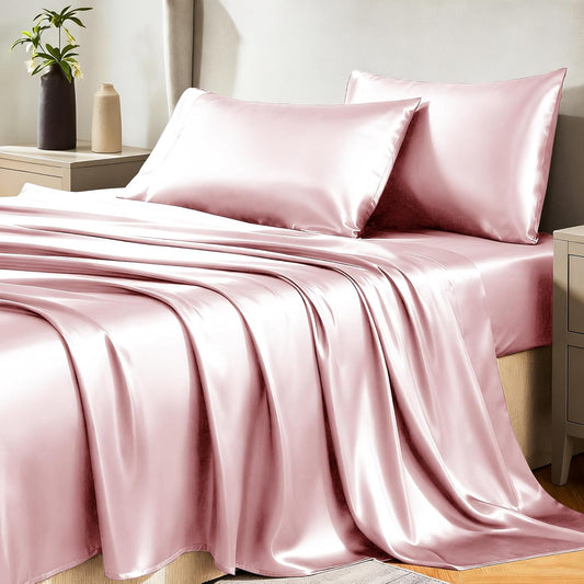 CozyLux Satin Sheets Full Size Sheets - Silky Soft Bedding Similar to Silk, 4 Piece Sheet Set for Hair and Skin, Deep Pocket with All-Around Elastic, Home Decor for Bedroom, Dirty Pink