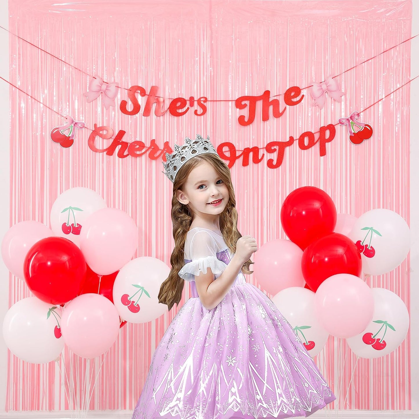 21pcs She's the Cherry on Top Baby Shower, She's the Cherry on Top Backdrop, Pink Birthday Party Decorations, Fringe Curtains with Bow Banner and Cherry Balloons, Girls Birthday Decoration