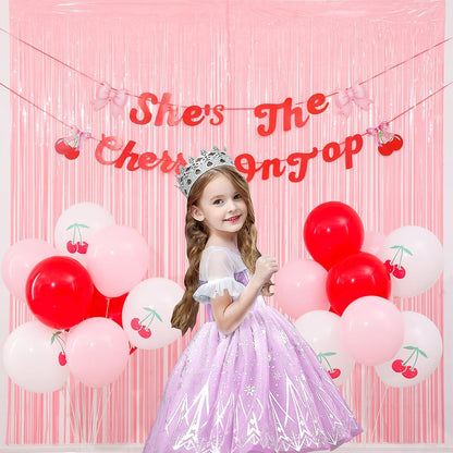 21pcs She's the Cherry on Top Baby Shower, She's the Cherry on Top Backdrop, Pink Birthday Party Decorations, Fringe Curtains with Bow Banner and Cherry Balloons, Girls Birthday Decoration