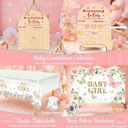 Baby Shower Decorations for Girl Baby Girl Pink Rose Gold Baby Shower Decoration Kit Floral Gender Reveal Party Supplies with It's a Girl Banner Backdrop Balloon Arch Tablecloth Baby Box with Letter