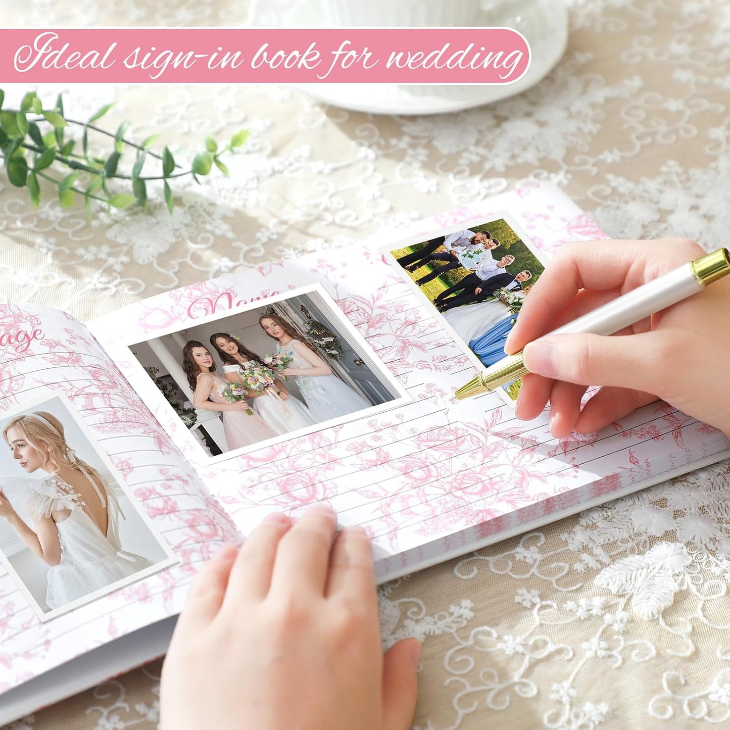 Panelee Wedding Guest Book 7 x 9 Inches for Reception with Pen Set Elegant Guest Book Bridal Shower Guestbook Beautiful Reception Guestbook for Wedding Graduation(Pink,Flower)