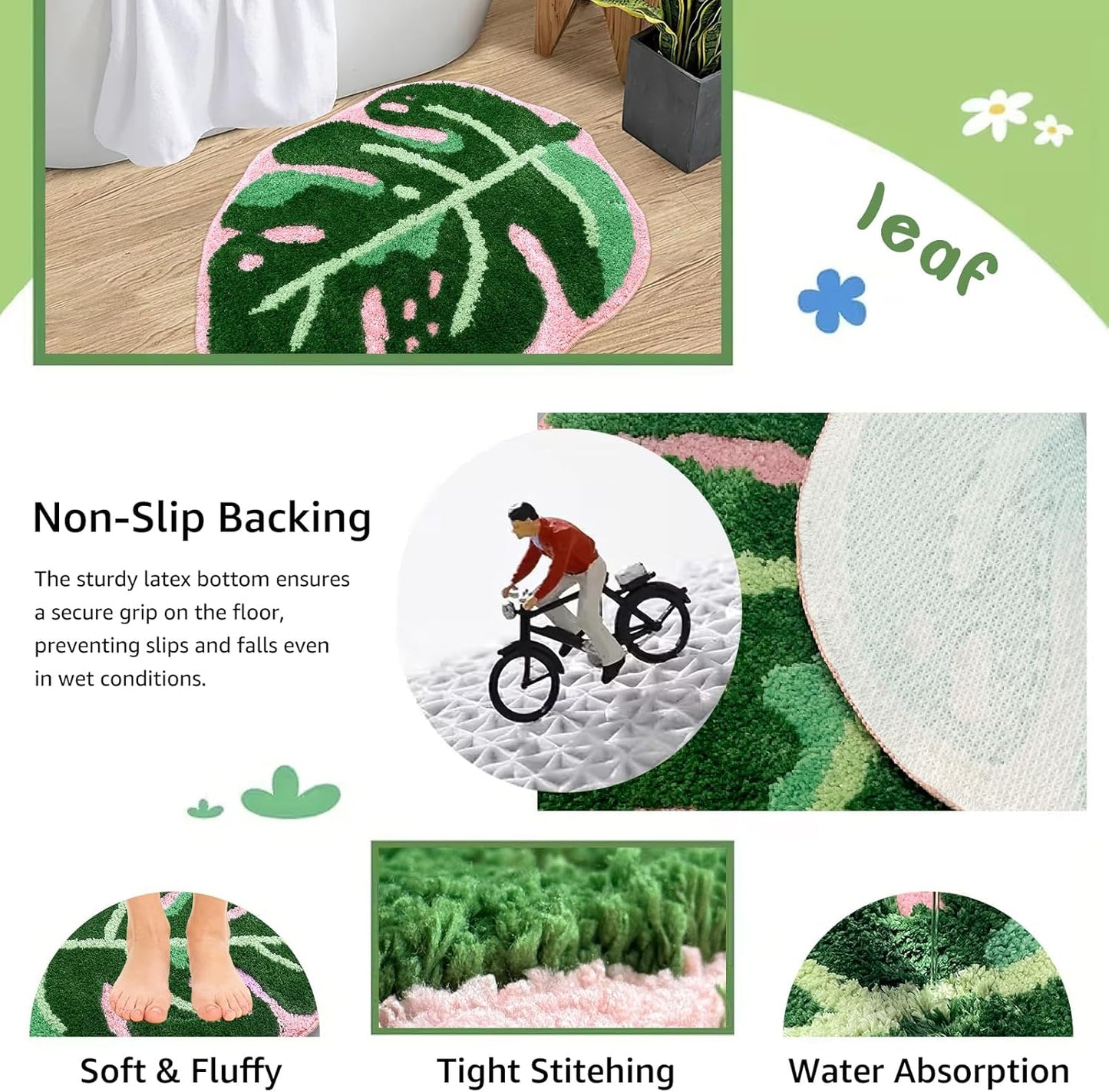 Sisher Leaf Rug,Monstera Bath Mat Cute Bathroom Mat Non Slip Palm Shaped Plush Fun Area Rug Bathtub Rugs Machine Washable Green and Pink Leaf Mat（21"X26"）