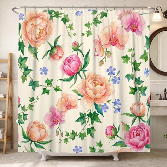 Peony Shower Curtain, Floral Elegant Orchid Ivy Spring Peach Washable with Hooks Design Print Bath Curtains for Bathroom Bathtub Apartment Decor 72x72 Inch