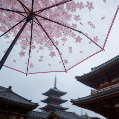 Clear Folding Umbrella 11-Inch, Compact Transparent with Pink Cherry Blossom Design, Windproof for Rainy Days, Suitable for Daily Outdoor Use for Men & Women
