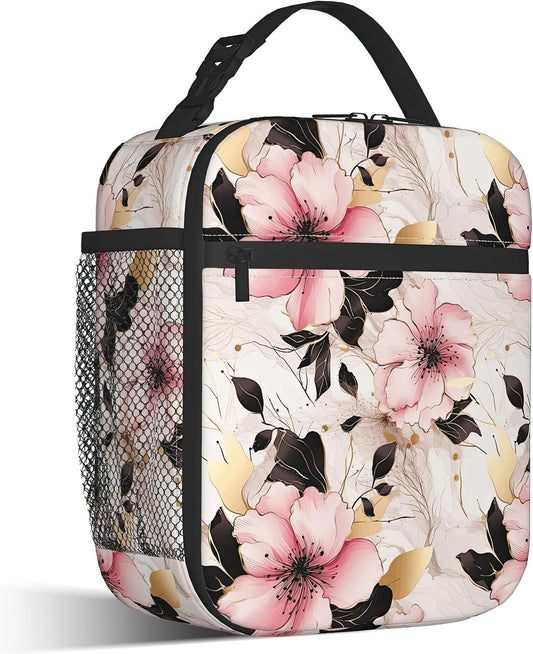 Insulated Lunch Bag,Pink Flowers Durable Lightweight Lunch Box for Kids,Gold Floral Portable Thermal Picnic Cool Bags Girls Boys School Daycare,Work,Camping