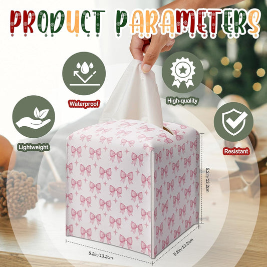 Pink Watercolor Bow Decor Tissue Box Cover Modern Square Leather Tissue Case Holder Gifts for Women Family and Friends, Decorative Holder/Organizer for Bathroom Kitchen Nightstand Office Home - B48