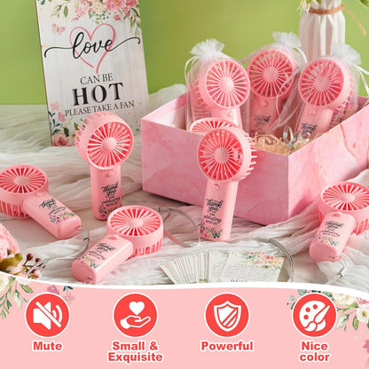 24 Set Wedding Mini Fans for Guests Portable Handheld Fans Thank You Cards Organza Bags with 1 Pcs Love Is Hot Wooden Table Sign Bridal Shower Favors for Summer Wedding Outdoor(Pink Rose)