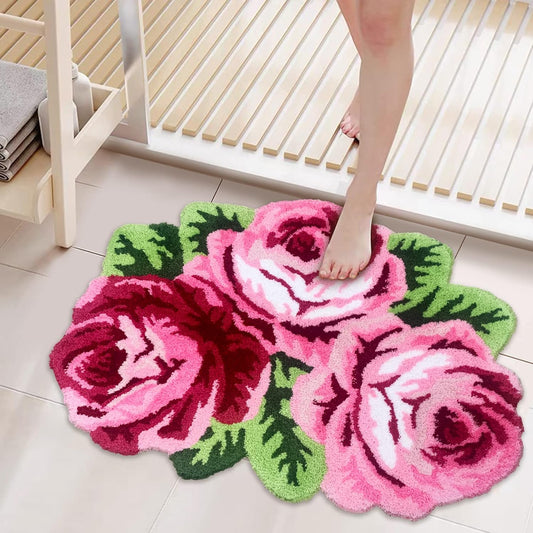 ABREEZE 3 Rose Shaped Rug Pink Roses Area Rug Shaggy Bath Mat Anti-Slip Mat Personalized Custom Carpets Doormat Bathroom Rug Super Water Absorbent, Machine Washable