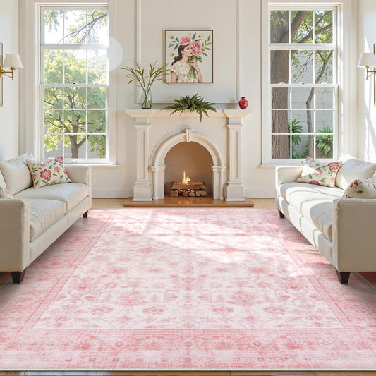 LIVEBOX 8x10 Pink Area Rug for Living Room, Vintage Soft Washable Bedroom Area Rugs, Non-Slip Foldable Floral Rug, Indoor Carpet for Dining Room Nursery Dorm Home Decor
