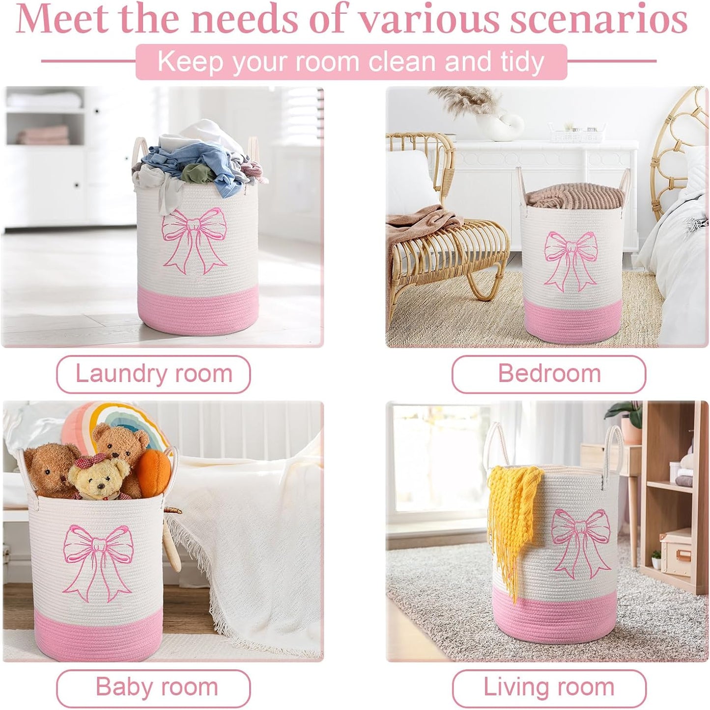 Honeydak 15'' x 18'' Pink Bow Cotton Rope Laundry Basket Hamper Large Laundry Basket Hamper Coquette Bow Room Decor Girls Girly Nursery Storage Bin Tall Round Organizer Blanket Toys Clothes(Bowknot)