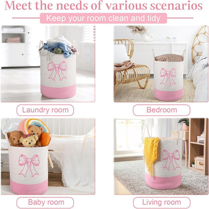 Honeydak 15'' x 18'' Pink Bow Cotton Rope Laundry Basket Hamper Large Laundry Basket Hamper Coquette Bow Room Decor Girls Girly Nursery Storage Bin Tall Round Organizer Blanket Toys Clothes(Bowknot)