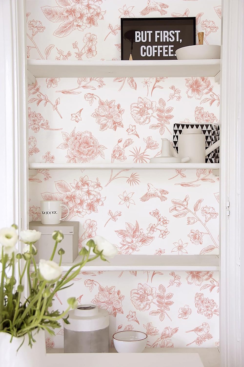 Safiyya 118"x17.3" Pink Floral Wallpaper Peel and Stick Wall Paper Removable Self Adhesive Wallpaper for Bedroom Bathroom Flowers Birds Contact Paper for Cabinets Walls Vinyl Rolls