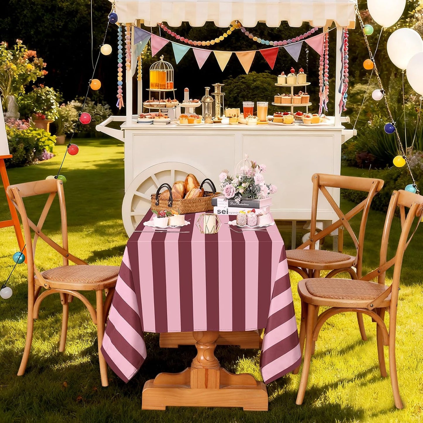 Fanqisi Table Cloth Red and Pink Striped Tablecloth - 57 x 84 Inch Romantic Waterproof Tablecloths Rectangle Polyester Table Covers for Birthday Wedding Ceremony Banquet Picnic Party Decorations