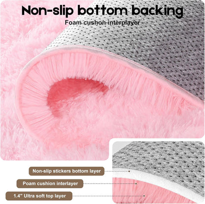 Pink Rugs for Bedroom, 2x3 Fluffy Small Area Rugs for Living Room, Soft Shag Fuzzy Carpet with 4 Non-Slip Stickers for Kids Boys and Girls Nursery Room Dorm Home Decor (Pink, 2ft x 3ft)