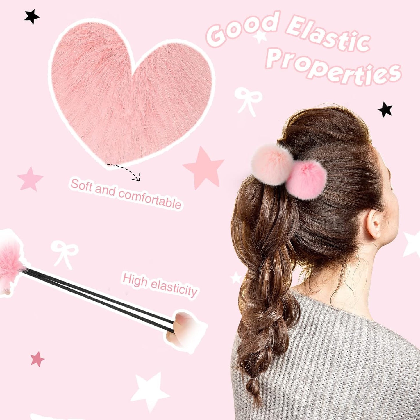 8 Pcs Fluffy Elastic Ball Hair Accessories - Pom Pom Scrunchies in 4 Colors (Pink Series) for Girls, Toddlers and Christmas