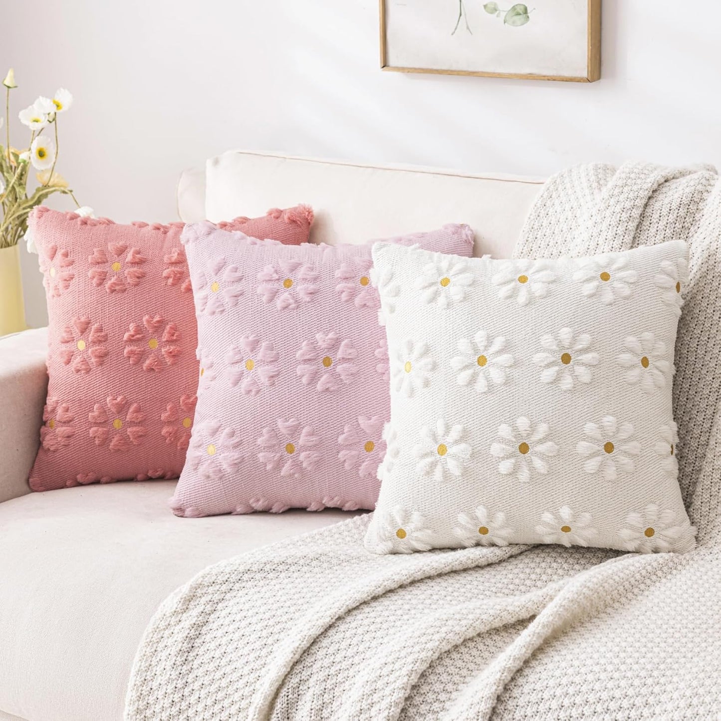 AQOTHES Spring Summer Pink Throw Pillow Covers 18x18 inch Set of 2 Flower Floral Faux Fur Cute Throw Pillows for Sofa Couch Living Room Decor