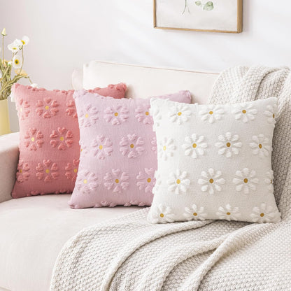 AQOTHES Spring Summer Pink Throw Pillow Covers 18x18 inch Set of 2 Flower Floral Faux Fur Cute Throw Pillows for Sofa Couch Living Room Decor