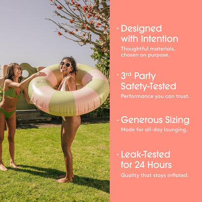 FUNBOY Giant Pink & Green Stripe Inflatable Pool Float with Cup Holder, 48" Adult Inner Tube Swim Ring Pool Lounger