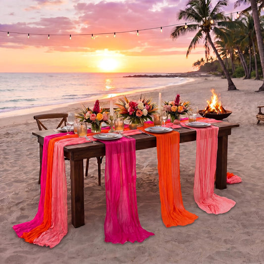 12 Pcs Pink and Orange Party Table Runners 35 x 118 Inch Sunset Party Decoration Boho Sheer Cheesecloth Gauze Table Runners for Wedding Birthday Baby Bridal Shower Graduation Decor