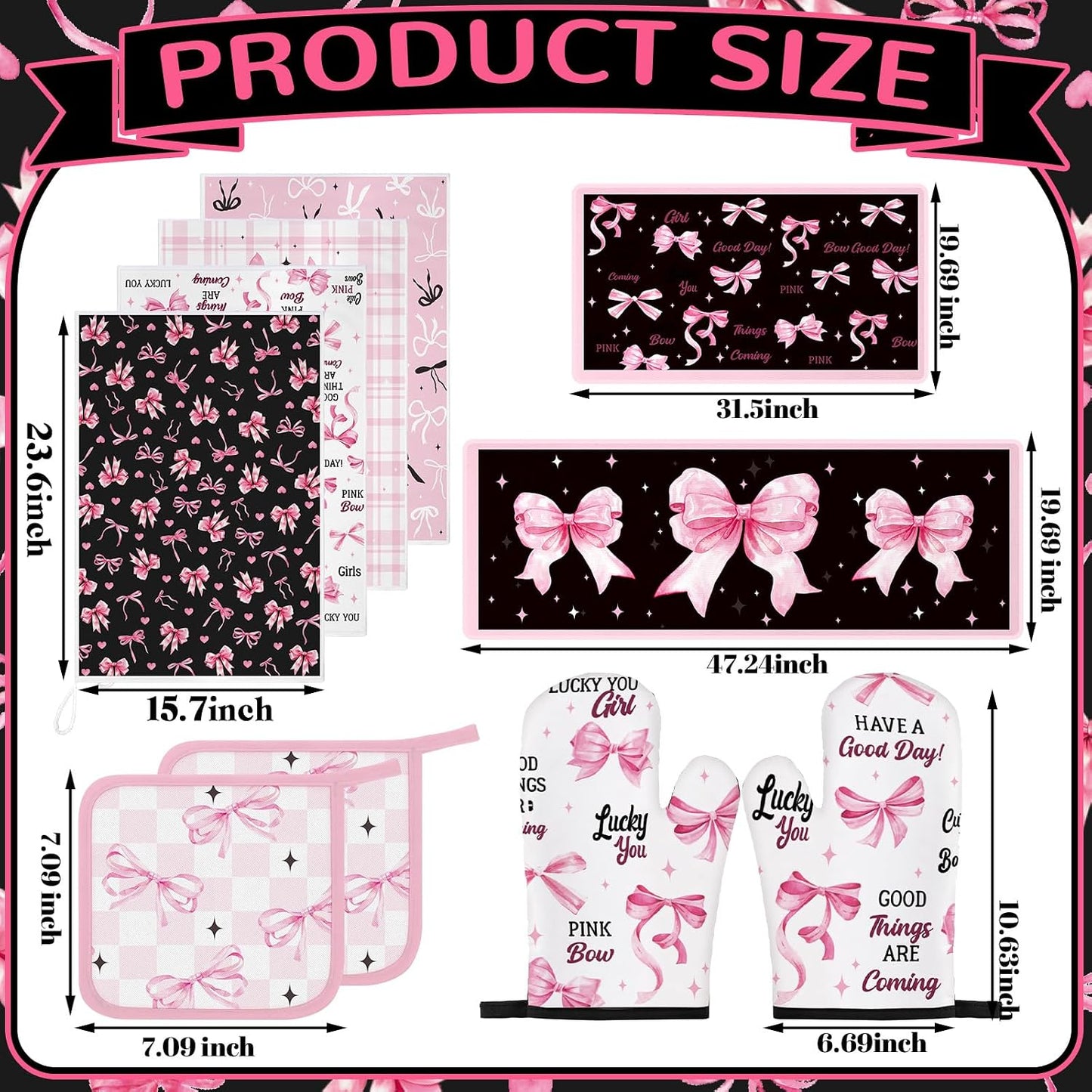 Fourluoo 10 Pcs Bow Kitchen Dish Towels Rugs Oven Mitts and Pot Holders Set Farmhouse Kitchen Decor Set for Women Mom Daughter Gift Cooking Baking Grilling(Black, Pink)