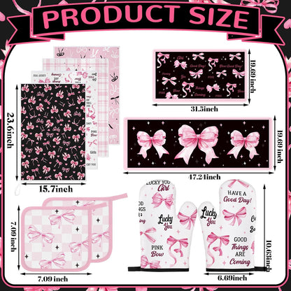 Fourluoo 10 Pcs Bow Kitchen Dish Towels Rugs Oven Mitts and Pot Holders Set Farmhouse Kitchen Decor Set for Women Mom Daughter Gift Cooking Baking Grilling(Black, Pink)