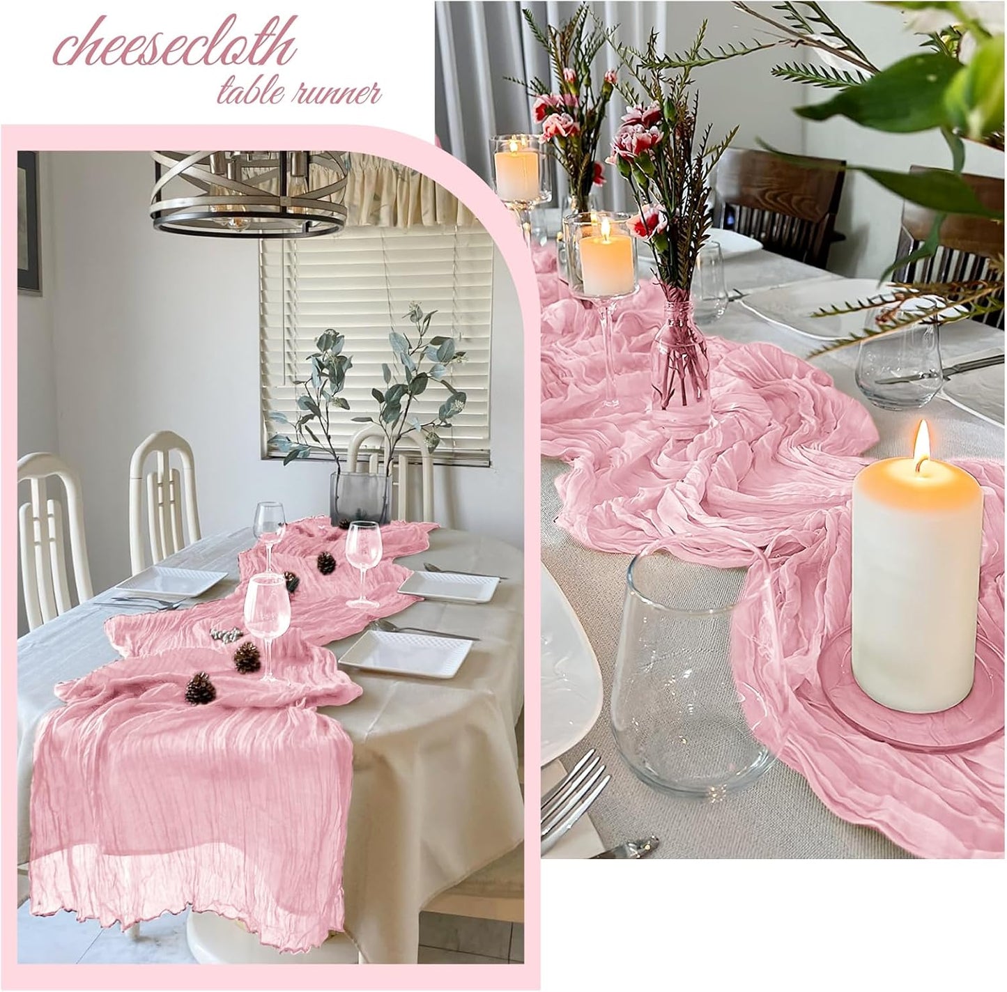 6 Pack Light Pink Cheesecloth Table Runner 20 x 120 Inch Gauze Table Runner Fabric Semi Sheer Cheese Cloth Table Decor Bulk for Rustic Romantic Wedding Baby Shower Party Table Decoration