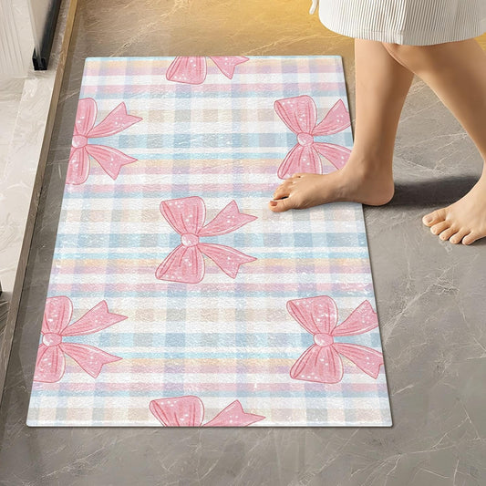 Pink Bows Checkered Bathroom Rug, Non Slip Dry Quickly Bath Mat, Absorbent Soft Bath Rug, Home Decor Accessories, 24"x16"