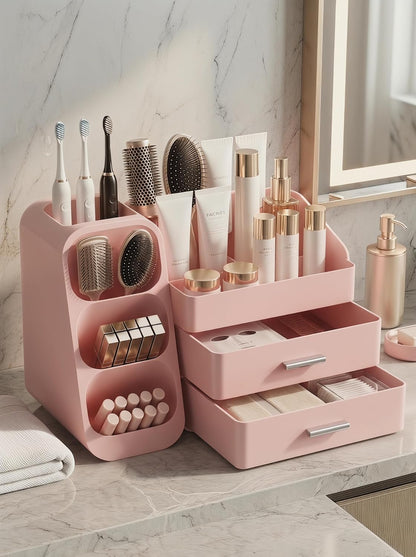 Booklov Makeup Organizer for Vanity, Large Capacity Cosmetic Display Case with Drawers, Countertop Beauty Storage Holder for Skincare, Brush Eyeliner Perfume Eyeshadow Lipsticks, Counter Desk, Pink