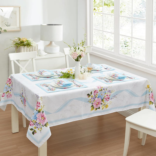 Newbridge Cottage Rose Rectangle Fabric Tablecloth, 52 x 70 Inch, Easy Care Wrinkle and Stain Resistant Blue and Pink Floral Table Cover for Indoor Outdoor Party Dining