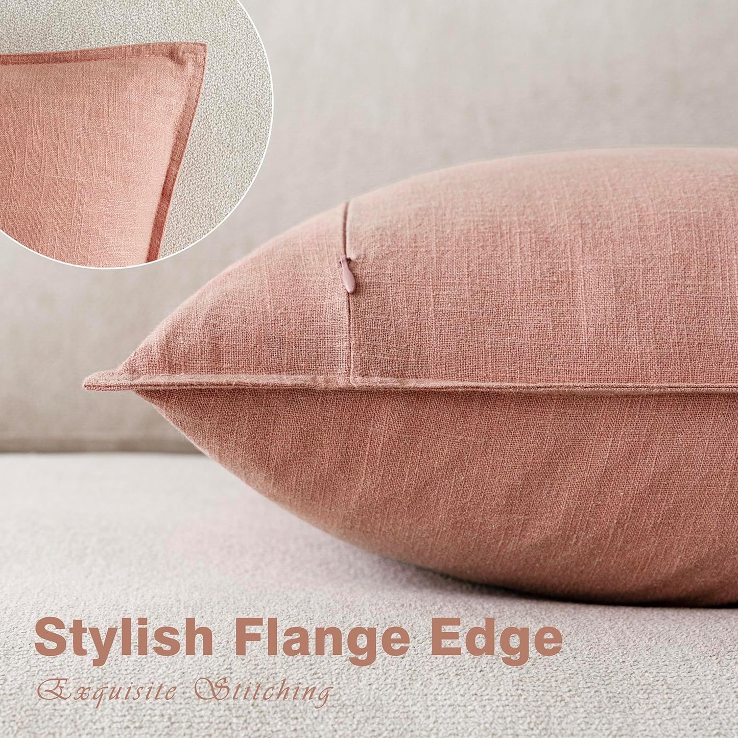 Foindtower Pack of 2, Decorative Linen Soild Throw Pillow Covers Soft Accent Euro Cushion Case Boho Farmhouse Pillowcase for Chair Couch Sofa Bedroom Living Room Home Decor 18 x 18 Inch Coral Pink
