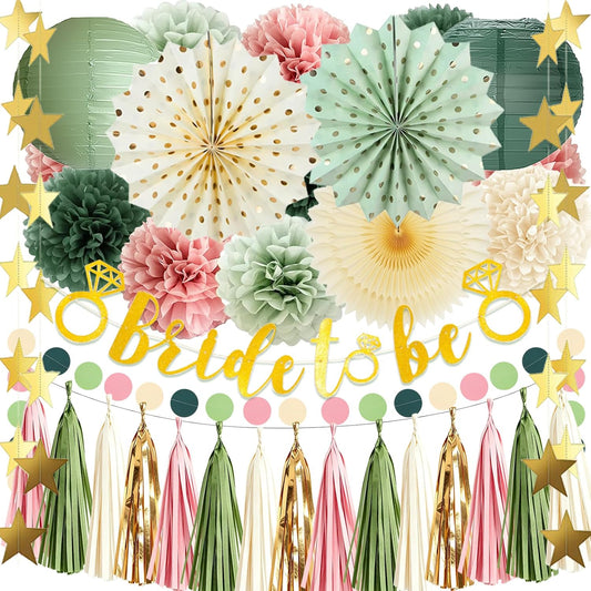 Bridal Shower Decorations, Dusty Pink and Sage Green Bridal Shower Decorations, Boho Bride to Be Wedding Shower Decoration, Bachelorette Party Decoration with paper pompoms, Fans, Tissue Garland