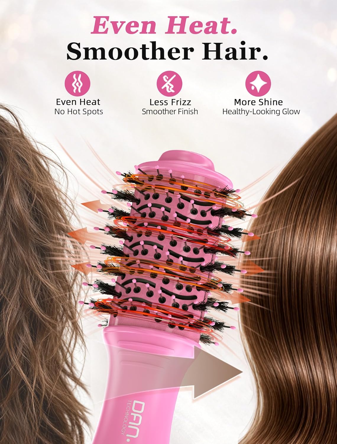 Mini Travel Ceramic Blow Dryer Brush for Short to Medium Hair, 2 Inch Oval Styling Hot Air Brush with 3 Heat Settings, Lightweight Volumizing & Smoothing Tool, 120V, Pink