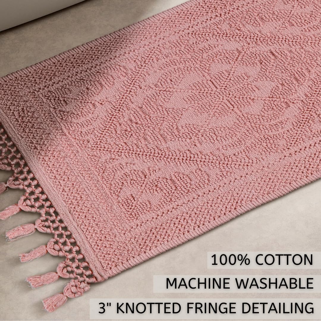 Savi Home Cotton Woven Jacquard Bathroom Rug, Woven Fringe Bathroom Mats, 100% Cotton, Non - Slip Bath Mat, Durable Thick Bath Mat 17”x30” with Fringes, Baby Pink
