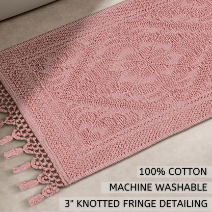 Savi Home Cotton Woven Jacquard Bathroom Rug, Woven Fringe Bathroom Mats, 100% Cotton, Non - Slip Bath Mat, Durable Thick Bath Mat 17”x30” with Fringes, Baby Pink