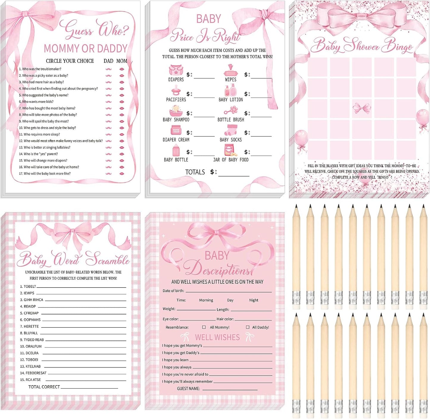 Meooeck 145 Pieces Baby Shower 5 Game Set Baby Shower Games for Party Include Descriptions, Wishes, Guessing Who, Bingo Games(Pink Bow)