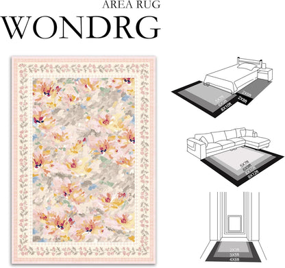 2x6 Washable Runner Rug Beige Pink Floral Abstract Hallway Kitchen Throw Rug Modern Non Slip Soft Low Pile Carpet for Bathroom Laundry Bedroom Living Room