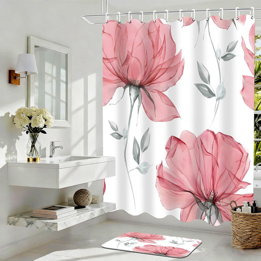 Nkzply 4 Pcs Pink Flowers Shower Curtain Set Floral Leaves Bathroom Set with Shower Curtain and Rugs, Pink White Minimalist Bath Curtain with Hooks for Modern Home Decor
