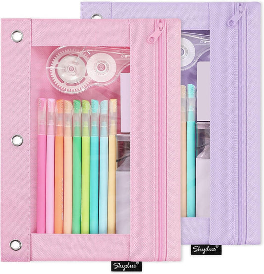 SKYDUE Pencil Pouch for 3 Ring Binder, Zipper Pencil Pouches for Girls Boys, Clear Window Pencil Case for Binder, Binder Pencil Pouch, Pencil Bag with Zipper,Pink & Purple