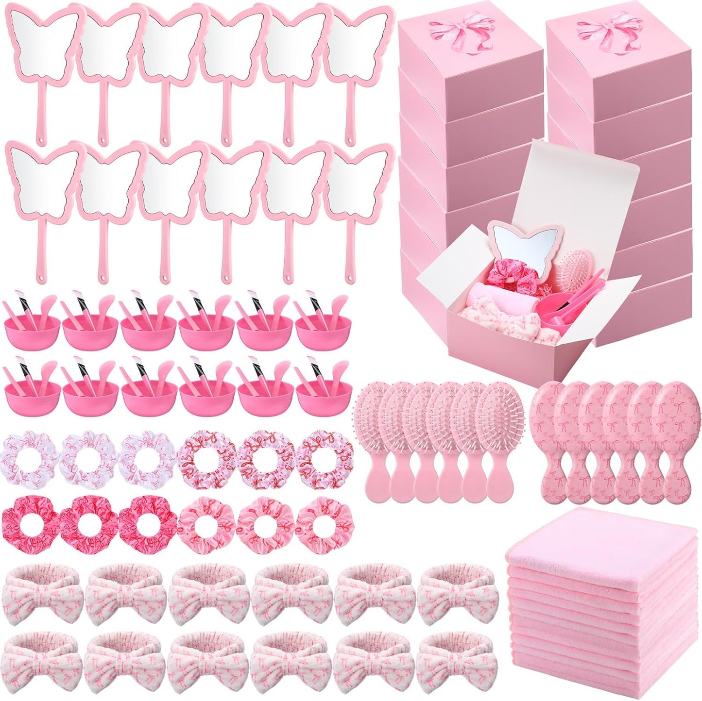 Pinkunn 120 Pcs Pink Spa Party Favors for 12 Guests, Coquette Sleepover Party Supplies with Gift Boxes, Face Mask Bowls, Brushes, Mirrors, Hair Brushes, Headbands, Scrunchies, Bridal Shower