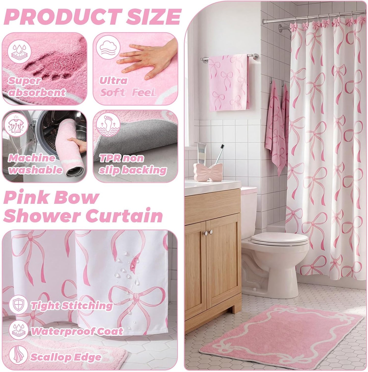 Tudomro 16 Pcs Pink Bow Shower Curtain Set with 12 Decorative Shower Curtain Hooks, Pink Bathroom Towel, Bow Toothbrush Holder, Cute Bath Mat for Modern Aesthetic Bathroom Decor