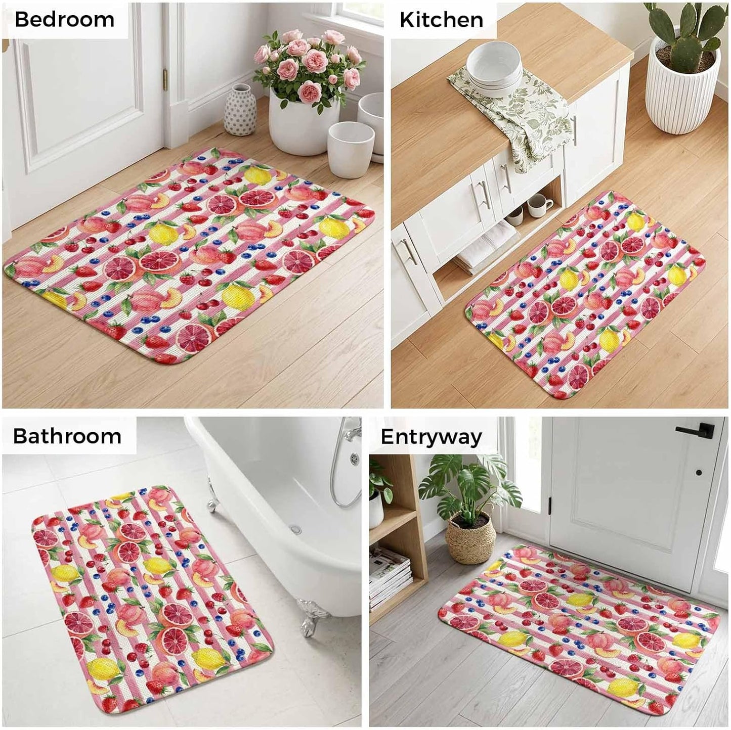 Summer Peach Lemon Grapefruit Doormat 20"x31",Absorbent Front Door Mat Non Slip Welcome Mat, Blueberry Strawberry Pink Stripe Indoor Mats Entryway Rug for Bedroom Kitchen Bathroom