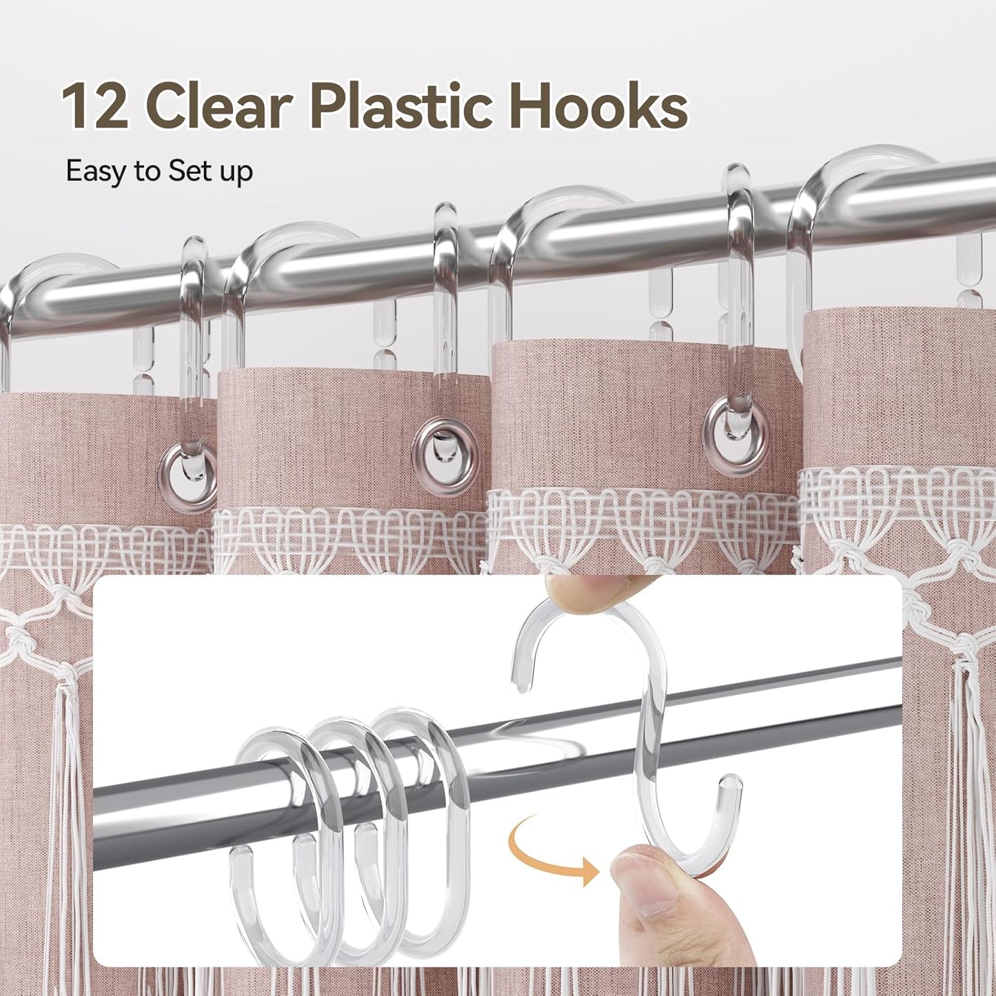AmazerBath Pink Boho Shower Curtains for Bathroom, Farmhouse Shower Curtain with Top Tassels, Pink Shower Curtain Set, Faux Linen Fabric Shower Curtain with 12 Hooks, Hotel Quality, 72x72 Inches