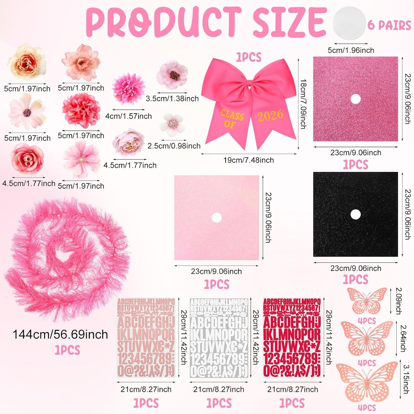 54 Pcs Pink DIY Graduation Cap Decorations Kit Include Faux Flower Pink Bow 3D Butterfly Alphabet Letter Sticker Rhinestones Sticker Glitter Paper Plush Strip for DIY Hat Grad Cap Topper Grad Party