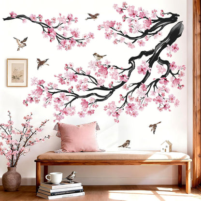 wondever Large Pink Flowers Tree Branch Wall Stickers Watercolor Floral Birds Peel and Stick Wall Art Decals for Living Room Bedroom Sofa