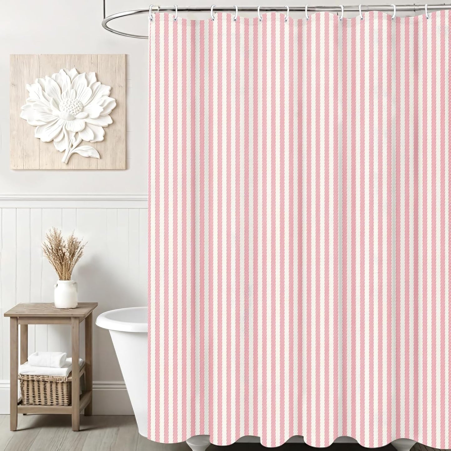 Pink White Striped Linen Cotton Waterproof Shower Curtain, Funny Stripe Shower Curtains for Bathroom Decor, Chic Fabric Cloth Shower Curtain 72" W x 72" L