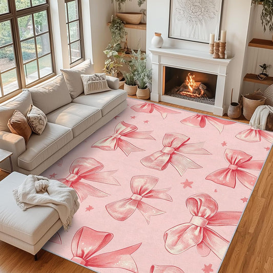 Peach Pink Bow Rug - Girly Kawaii Coquette Bow Rugs for Living Room, 6x6 Area Rugs for Bedroom Accessories, Washable Low Pile Non Slip Carpet, Girls Bowknot Home Decor ZcB7